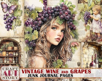 Peut inclure: Illustration numérique avec une femme ornée d'une couronne de raisins, entourée d'images de raisins, de papillons et d'un enfant. Le texte "VINTAGE WINE AND GRAPES JUNK JOURNAL PAGES" est affiché en bas, avec le logo "Craft Art Story".