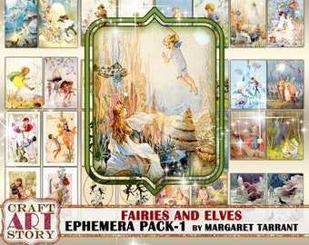 May include: A digital collage sheet featuring vintage illustrations of fairies and elves. The sheet includes images of fairies flying, sitting, and playing in a forest setting. The text "Fairies and Elves Ephemera Pack-1 by Margaret Tarrant" is included on the sheet.