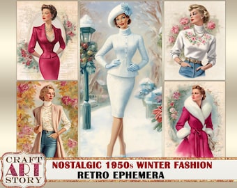 Effimere di moda anni '50: pagine di album di ritagli autunnali e invernali (download digitale)