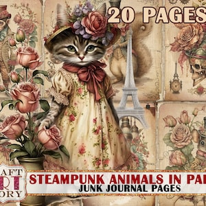 Animali Steampunk Junk Journal Pages, documenti digitali stampabili per album
