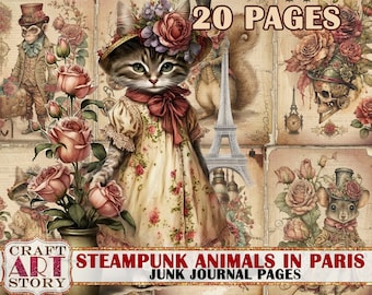 Steampunk animals Junk Journal Pages,scrapbook printables digital papers