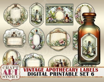 Vintage Apothecary Labels Printable Blank set-6,Herbs Tags Frames