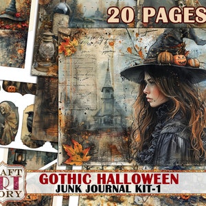 Zestaw Vintage Gothic Halloween junk journal, efemerydy do druku, papier cyfrowy