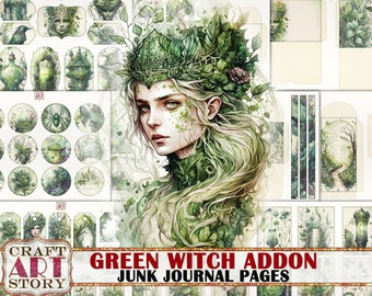 May include: Green Witch Addon Junk Journal Pages digital download with a green witch illustration, a crown of leaves, and a variety of green and white floral designs.