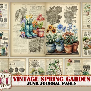 Vintage Spring Garden Junk Journal Seiten zum ausdrucken, Gartenarbeit Hintergrundpapiere