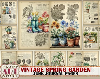 Vintage Spring Garden Junk Journal Pages printable, Gardening background papers