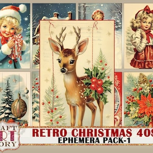 Paquete retro de efímeras navideñas, papeles de la década de 1940, tarjeta retro, paquete de papel vintage