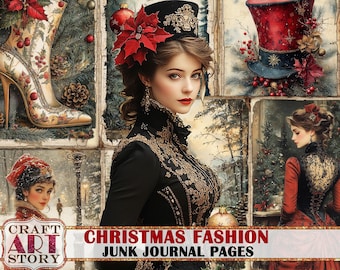 May include: A collage of images featuring a woman wearing a black and gold dress with a red and gold hat, a red and gold hat with a black band, a red and gold shoe, and a woman in a red and black dress. The collage is titled "Christmas Fashion Junk Journal Pages".