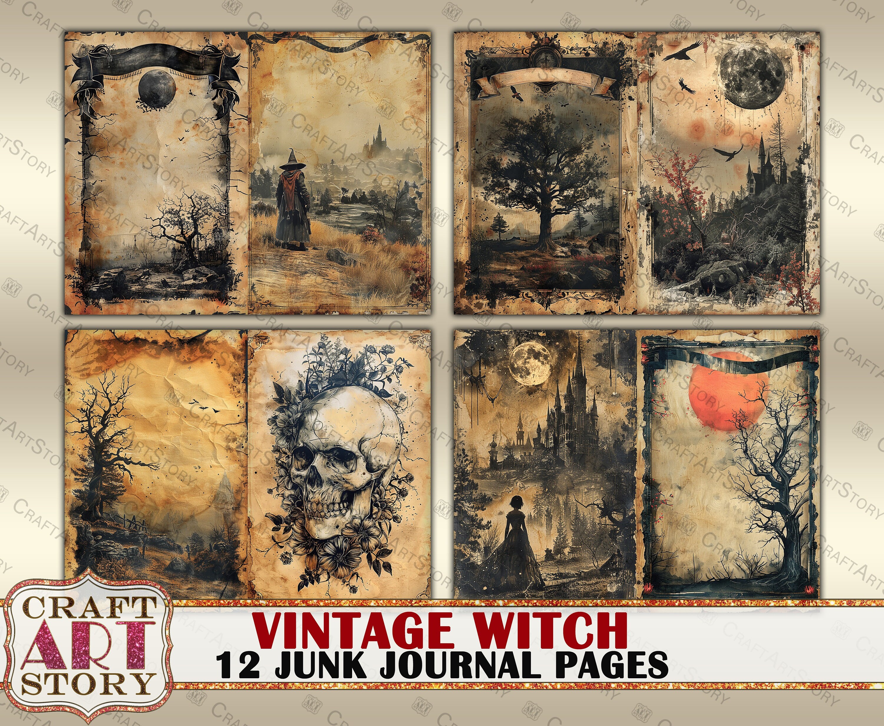 Vintage Witch Grunge Junk Journal Pages,retro Scrapbook Magic ...