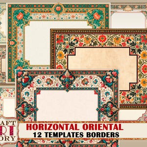 May include: A collection of twelve rectangular digital border templates featuring intricate floral and geometric patterns in shades of red, orange, green, and teal. The designs include ornate frames with botanical motifs and text reading CRAFT ART STORY HORIZONTAL ORIENTAL 12 TEMPLATES BORDERS.