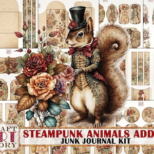 Steampunk animals Junk Journal Pages,scrapbook printables digital papers ADDON