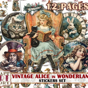 Zestaw naklejek Vintage Alicja w Krainie Czarów, wycinanki do druku, papier cyfrowy do scrapbookingu