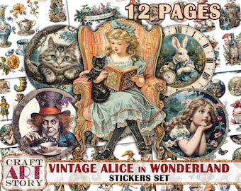 Vintage Alice Wonderland stickers set,fussy cuts Printable,scrapbook digital papers