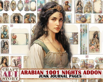 May include: A digital collage sheet with images of a woman in a turban, a castle, a tiger, and other Arabian-themed illustrations. The text "ARABIAN 1001 NIGHTS ADDON JUNK JOURNAL PAGES" is at the bottom of the image.