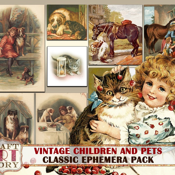 Children Book Illustration Ephemera Pack,Printable kit,Vintage junk journal set children and pets