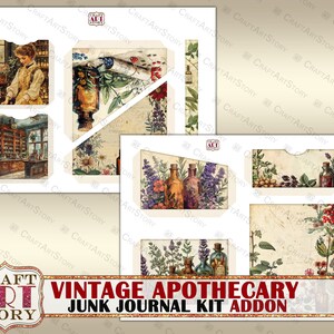 May include: Vintage apothecary junk journal kit add-on with images of bottles, flowers, and a vintage apothecary shop. The kit includes various images for crafting and scrapbooking.