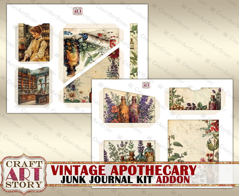 May include: Vintage apothecary junk journal kit add-on with images of bottles, flowers, and a vintage apothecary shop. The kit includes various images for crafting and scrapbooking.