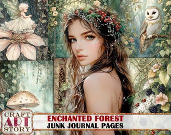 Pages de journal indésirable de la forêt enchantée, papiers numériques à imprimer pour scrapbooking fantastique