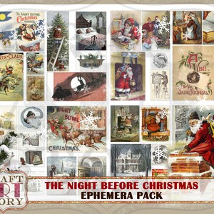 May include: A vintage Christmas ephemera pack with 16 images featuring Santa Claus, reindeer, and other holiday scenes. The images are printed on cardstock and are perfect for scrapbooking, card making, and other craft projects. The pack includes the text "The Night Before Christmas".
