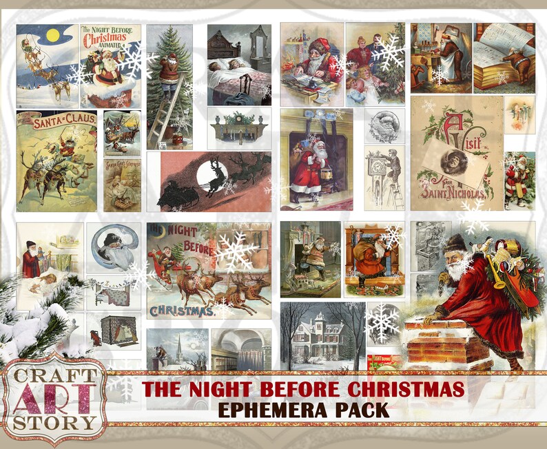 May include: A vintage Christmas ephemera pack with 16 images featuring Santa Claus, reindeer, and other holiday scenes. The images are printed on cardstock and are perfect for scrapbooking, card making, and other craft projects. The pack includes the text "The Night Before Christmas".