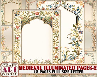 Kit di diario di manoscritti miniati medievali: pagine con bordi floreali (download digitale)