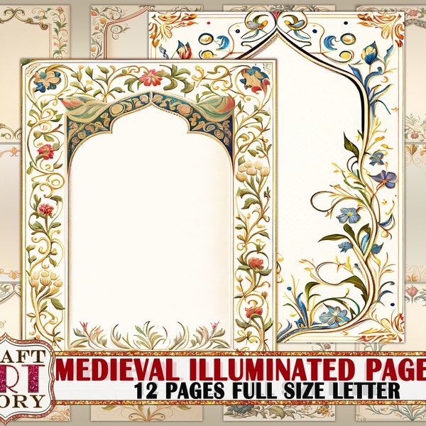 Vintage Medieval Illuminated Manuscript Frame journal pages-2,Illuminated Border,Paper Journal Kit