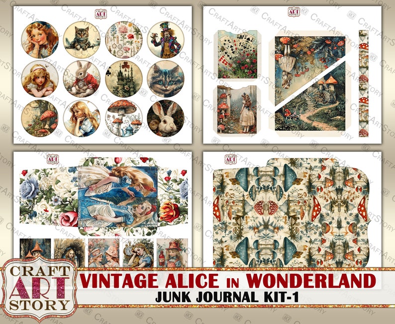 May include: A digital collage kit featuring vintage illustrations of Alice in Wonderland. The kit includes images of Alice, the Mad Hatter, the Cheshire Cat, and other characters from the book. The kit also includes various patterns and textures, such as mushrooms, playing cards, and flowers. The kit is perfect for creating junk journals, scrapbooks, and other paper crafts.