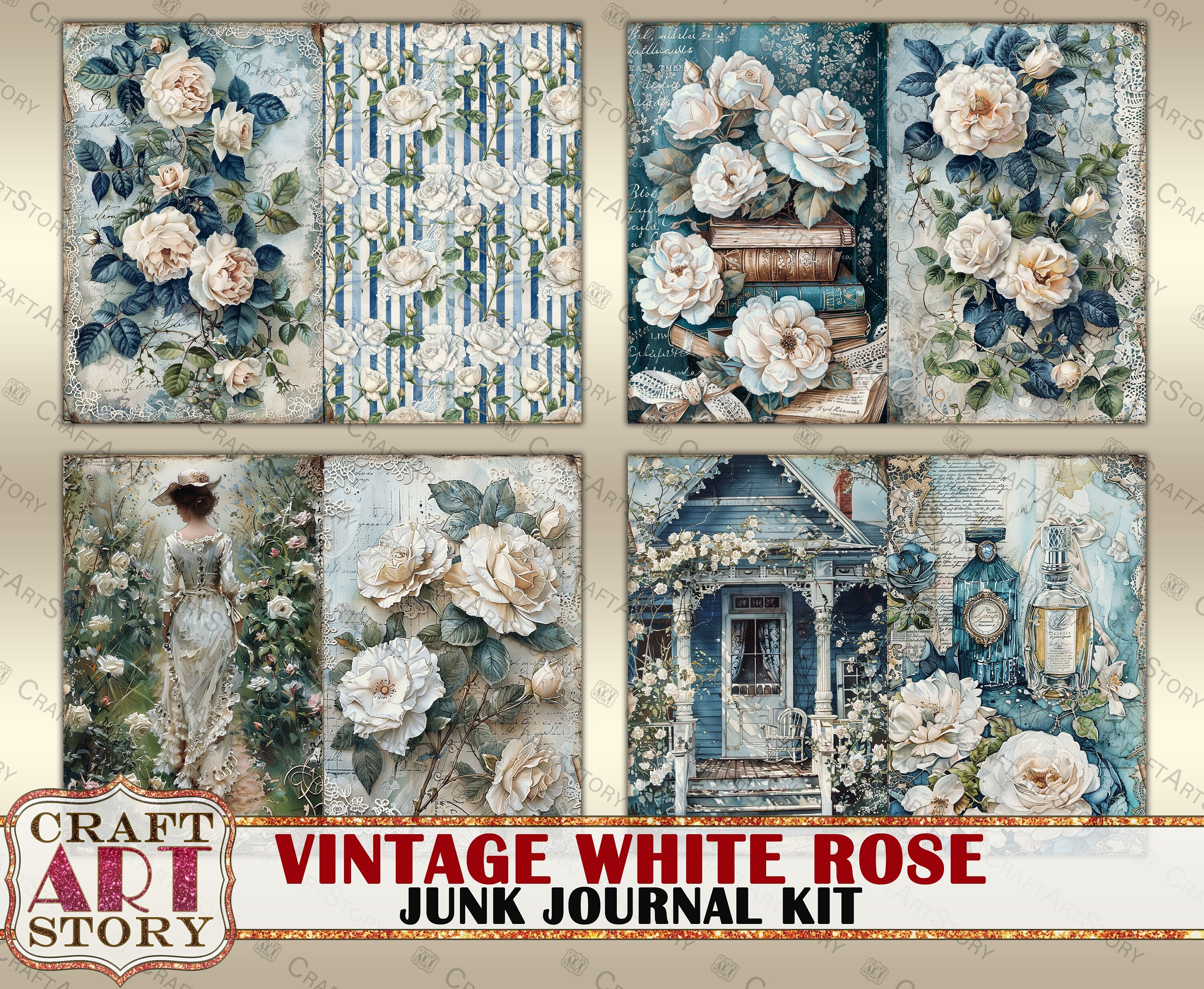 Vintage White Rose Junk Journal Kit,scrapbook Printables Digital Papers ...