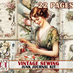 Zestaw Vintage Sewing Junk Journal, materiały do druku, papier cyfrowy