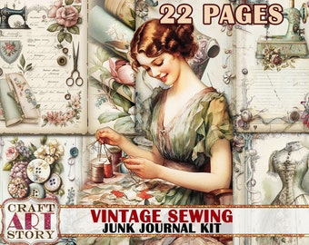 Vintage Sewing Junk Journal kit, printables digital papers