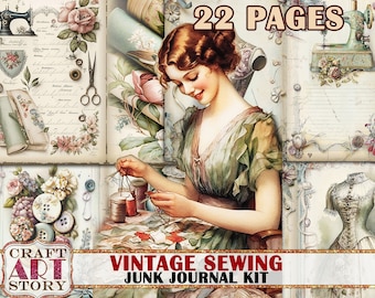 Puede incluir: Kit de diario de chatarra de costura vintage con 22 páginas. El kit presenta un collage de imágenes, incluida una mujer cosiendo, máquinas de coser vintage, botones y diseños florales. El kit es perfecto para scrapbooking, diario y manualidades.