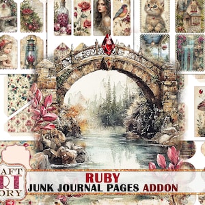 May include: A digital collage of images for junk journaling. The images include a stone bridge over a river, a fairy, a cottage, a cat, a bottle, a lantern, mushrooms, and flowers. The collage is in a watercolor style and has a whimsical feel.
