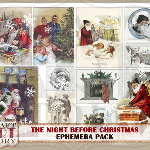 May include: A vintage Christmas ephemera pack with images of Santa Claus, children, and a fireplace. The pack includes images of Santa Claus filling stockings, Santa Claus climbing down a chimney, and Santa Claus writing in a book. The pack also includes images of a family gathered around a Christmas tree, a child sleeping in bed, and a fireplace decorated with greenery.