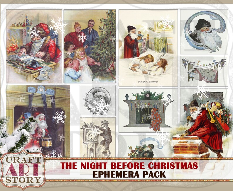 May include: A vintage Christmas ephemera pack with images of Santa Claus, children, and a fireplace. The pack includes images of Santa Claus filling stockings, Santa Claus climbing down a chimney, and Santa Claus writing in a book. The pack also includes images of a family gathered around a Christmas tree, a child sleeping in bed, and a fireplace decorated with greenery.