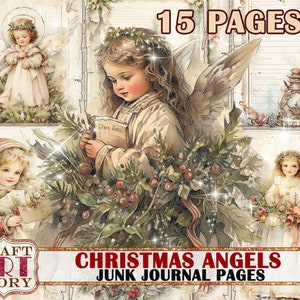 Kerstengelen Junk Journal Pages, digitale papieren printables vintage kerst