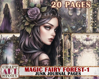 Magic fairy forest Junk Journal Pages-1,fantasy printables digital Forest papers