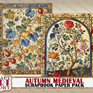 May include: Two digital scrapbook paper designs featuring intricate illustrations of autumnal plants and flowers in a medieval style. The designs are framed with gold and blue borders.