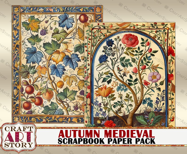 May include: Two digital scrapbook paper designs featuring intricate illustrations of autumnal plants and flowers in a medieval style. The designs are framed with gold and blue borders.