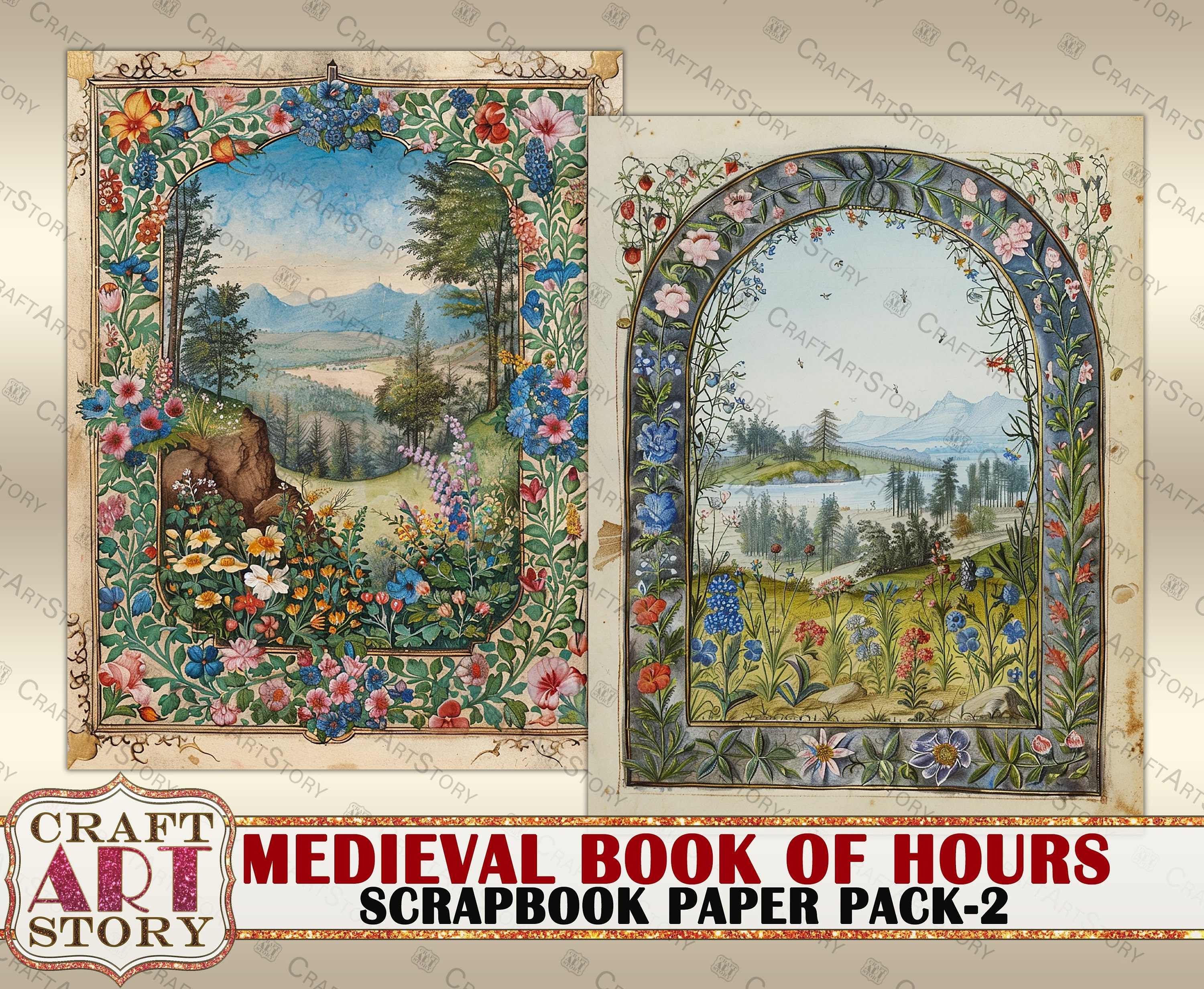 Vintage Medieval Illuminated Manuscript Book of Hours Journal Pages-2 ...