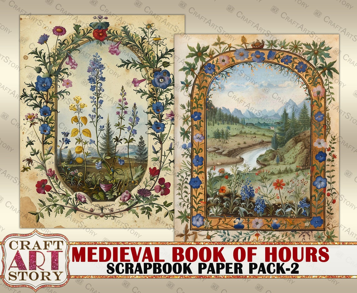 Vintage Medieval Illuminated Manuscript Book of Hours Journal Pages-2 ...