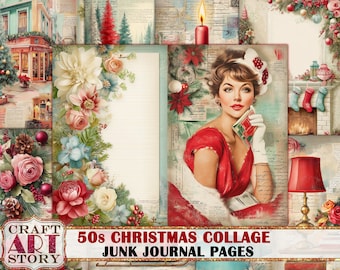 Collage navideño retro de los años 50. Páginas de Paper Junk Journal, papeles digitales imprimibles.