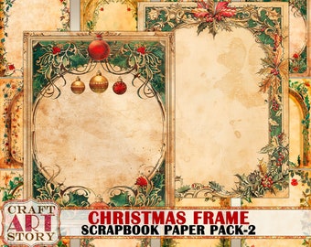 May include: A set of vintage-style Christmas scrapbook paper featuring ornate frames with holly, berries, and ornaments. The paper is cream-colored with a distressed texture and includes the text "Christmas Frame Scrapbook Paper Pack-2".