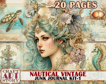 Nautical vintage Junk Journal Kit printable,scrapbook digital Pages