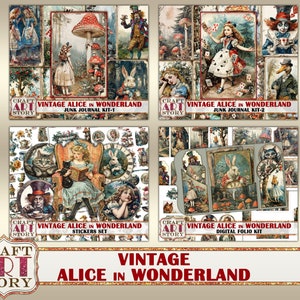 May include: Four digital collage kits featuring vintage illustrations of Alice in Wonderland. The kits include junk journal kits, stickers, and a digital folio kit.