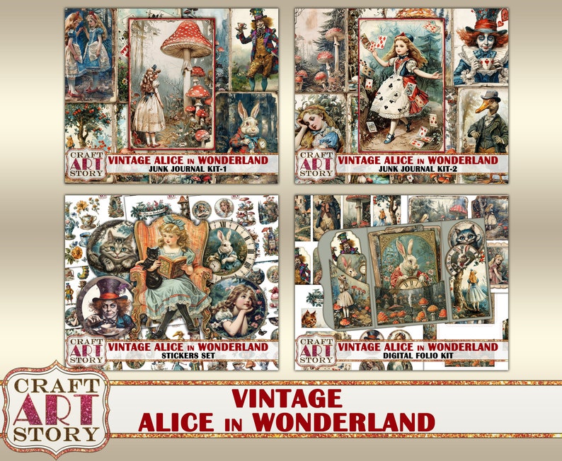 May include: Four digital collage kits featuring vintage illustrations of Alice in Wonderland. The kits include junk journal kits, stickers, and a digital folio kit.