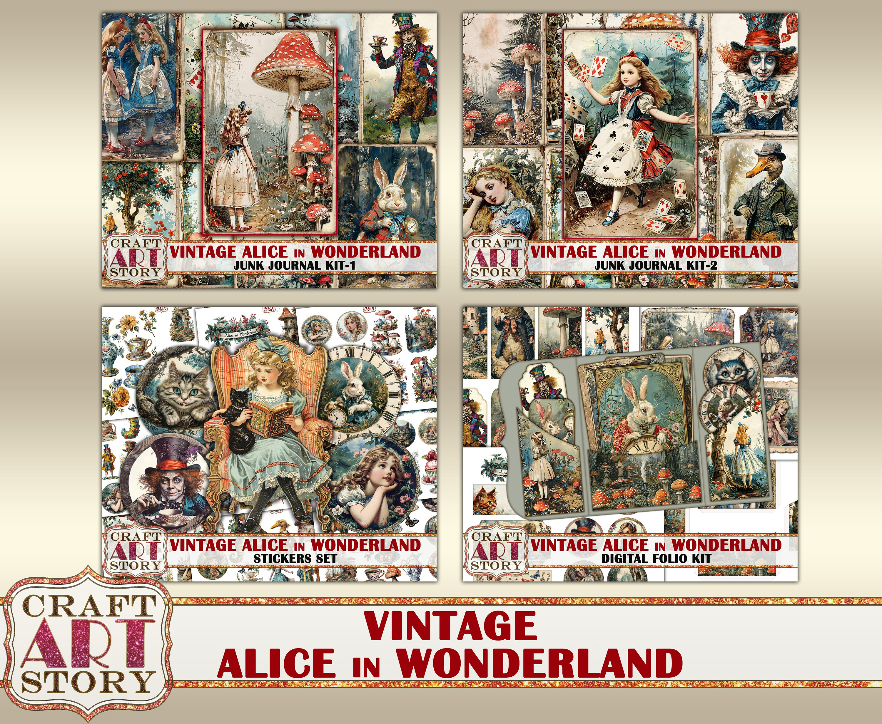 ヴィンテージ アリス ワンダーランド ジャンク ジャーナル ページ