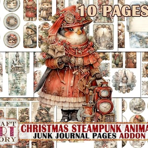 Animali steampunk di Natale Junk Journal Pages ADDON, documenti digitali stampabili invernali