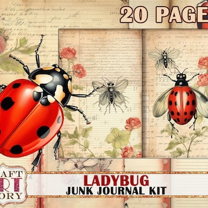 Pagine del diario spazzatura vintage Ladybug, carte effimere digitali degli insetti