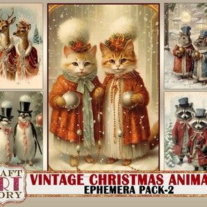 Animali natalizi vintage Ephemera Pack-2, immagini invernali, carte
