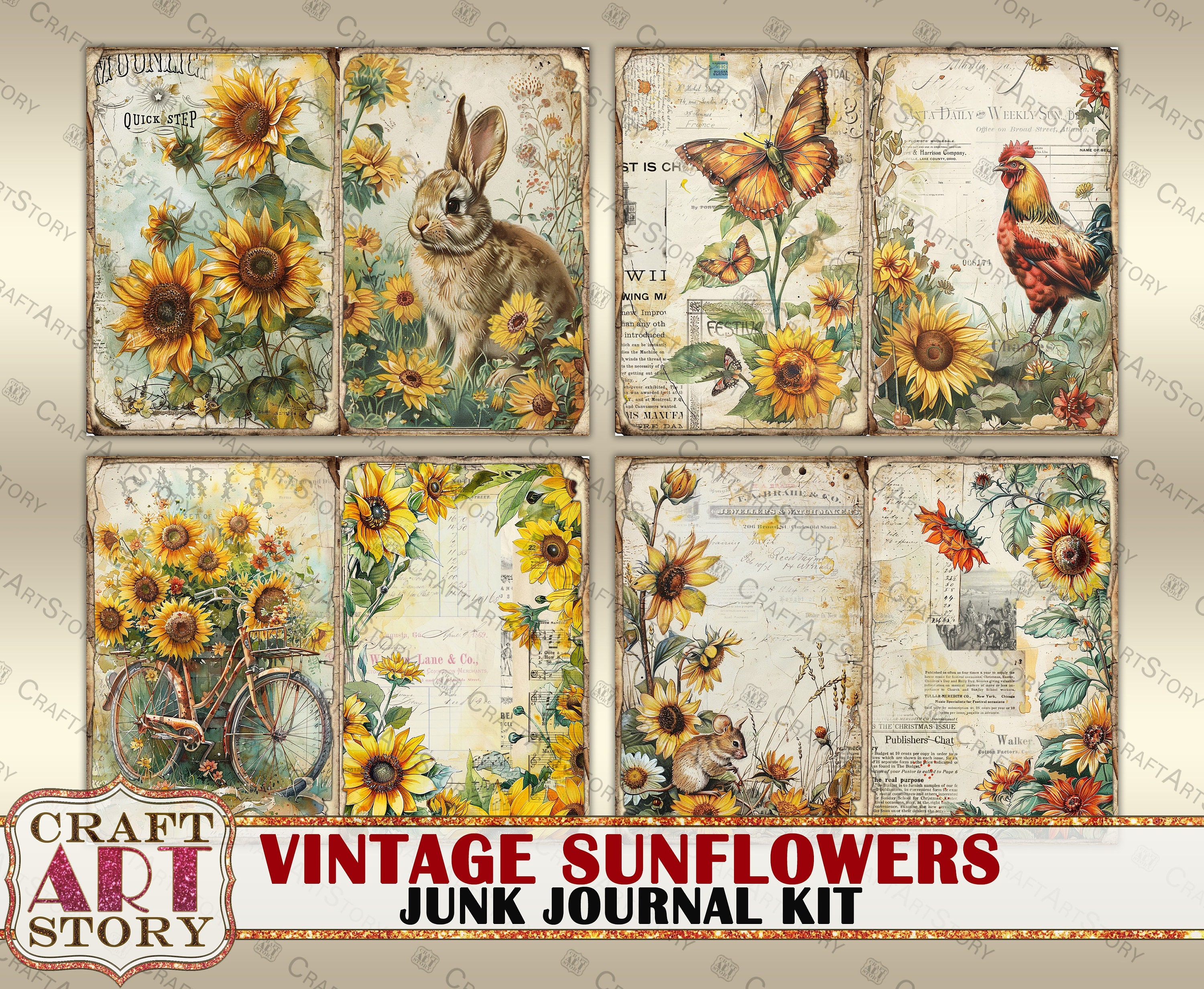 Vintage Sunflowers Junk Journal Kit,scrapbook Printables Digital Papers ...